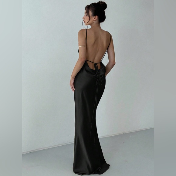 Black silk slip dress backless tie cami maxi dress draped low back cocktail - Picture 2 of 7